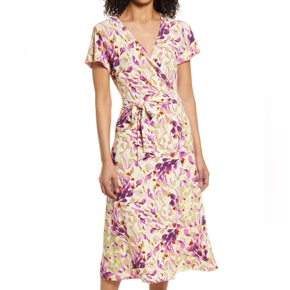 NWT Halogen Woman’s XXS Crossover Short Sleeve Purple Floral Wrap Dress - Picture 1 of 9